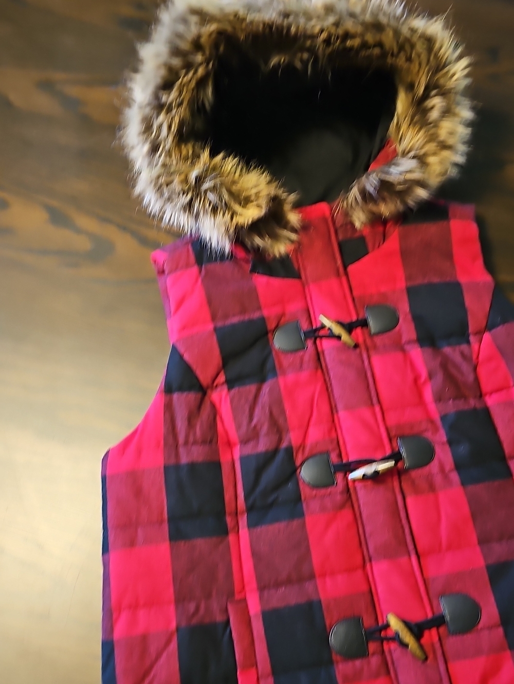 Maurices Red and Black Puffer Plaid Hooded Toggle Vest